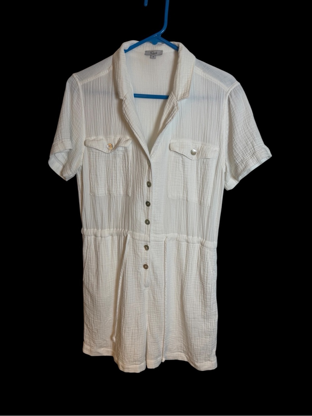 Rails Dakota White Button-Front Collared Romper Pockets Drawstring Size M